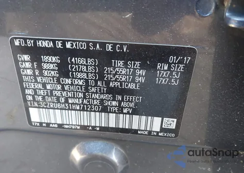 2017 Honda Hr-V Lx z USA, uszkodzony, nr VIN 3CZRU6H31HM712307